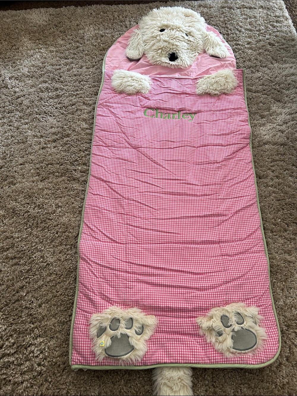 Pottery Barn Kids Pink Gingham Puppy Sleeping Bag